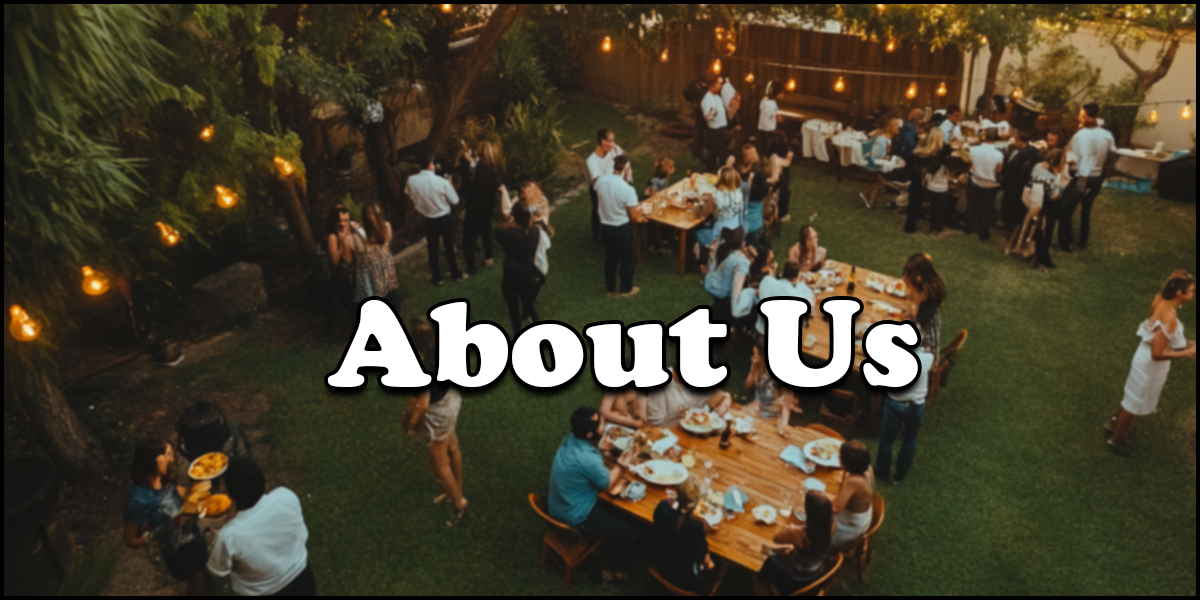 People gather outdoors in a garden setting, standing or sitting at tables with food, under string lights, for what appears to be a social event. "About Us" text overlays the image.