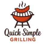 Logo featuring a sausage on a round grill with steam lines above, and the text "Quick Simple Grilling" below the image.