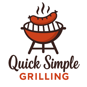 Logo featuring a sausage on a round grill with steam lines above, and the text "Quick Simple Grilling" below the image.