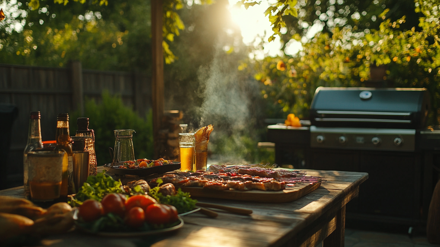 A backyard barbecue scene with skewers, vegetables, drinks, and condiments on a wooden table, a grill in the background, and sunlight filtering through trees. Quick Simple Grilling