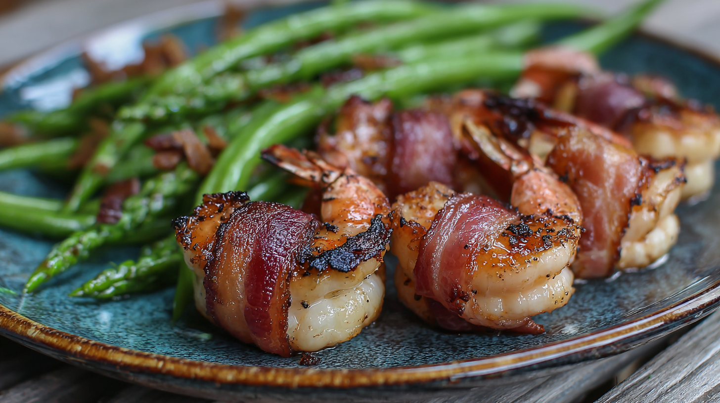 Grilled Bacon-Wrapped Shrimp served on a plate with perfectly sautéed green beans and asparagus for a savory, satisfying meal.