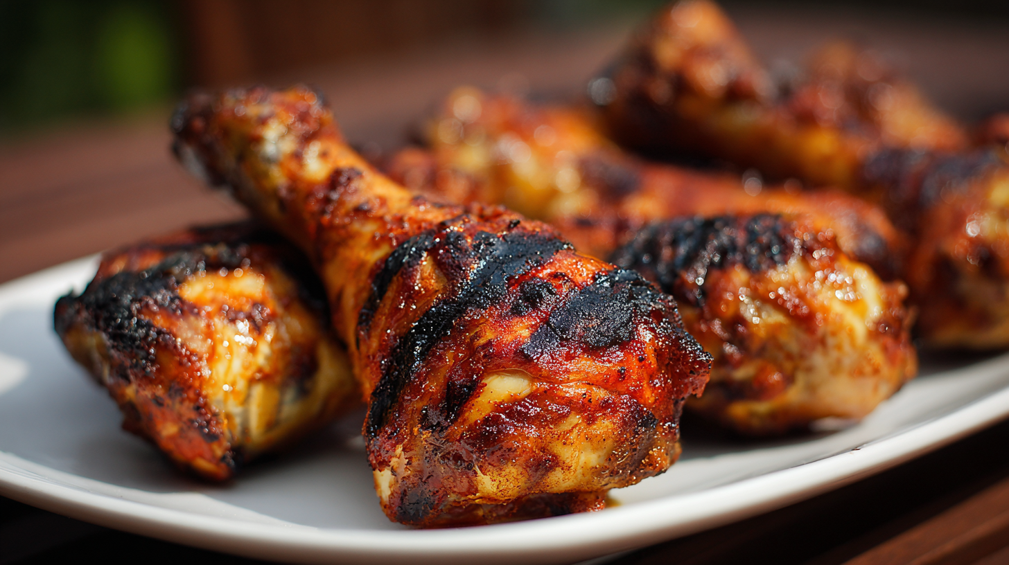 A plate of grilled chicken drumsticks with char marks, coated in a reddish glaze, served outdoors.