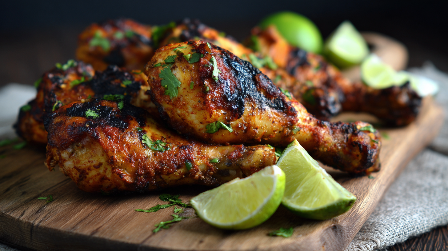 Grilled chicken drumsticks with char marks garnished with chopped herbs, served on a wooden board with lime wedges.