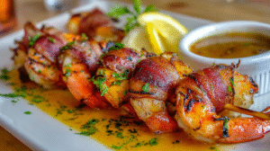 Grilled Bacon-Wrapped Shrimp skewers served on a plate with zesty sauce, fresh lemon wedges, and garnished with chopped herbs for a savory appetizer.