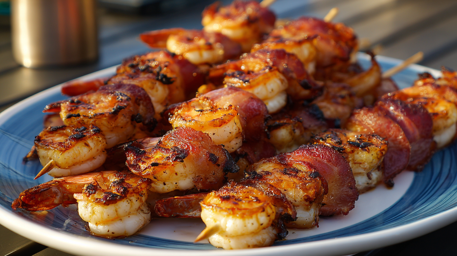Grilled Bacon-Wrapped Shrimp are skewered and served on a white and blue plate, creating a savory appetizer that’s perfect for any occasion.