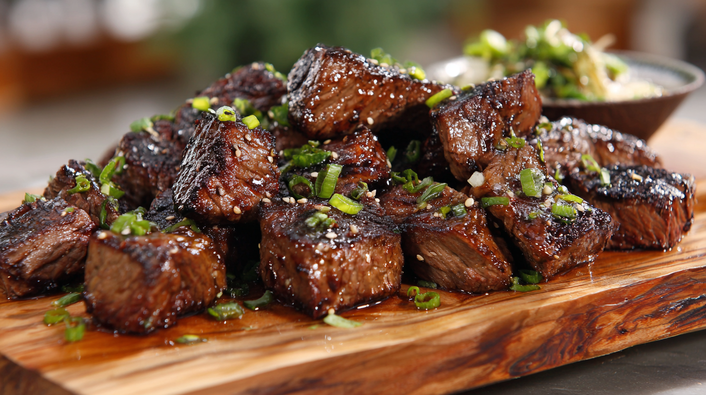 Cubed pieces of grilled steak garnished with chopped green onions, served on a wooden board.