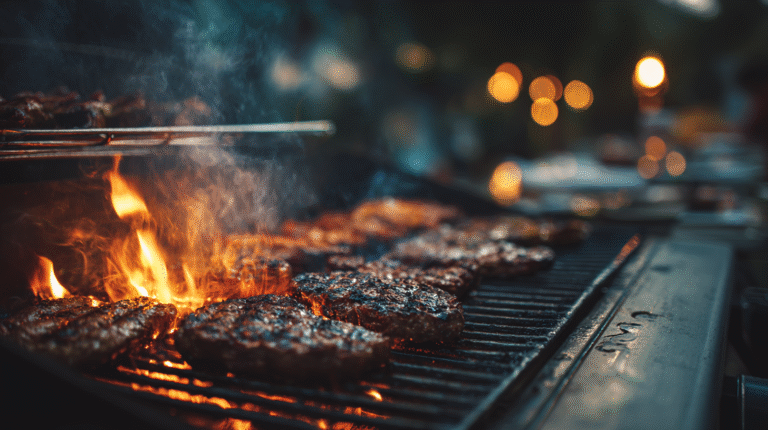 Hamburgers cooking on an outdoor grill over open flames, with blurred lights and people in the background, suggesting a barbecue gathering and emphasizing the importance of grilling safety tips.