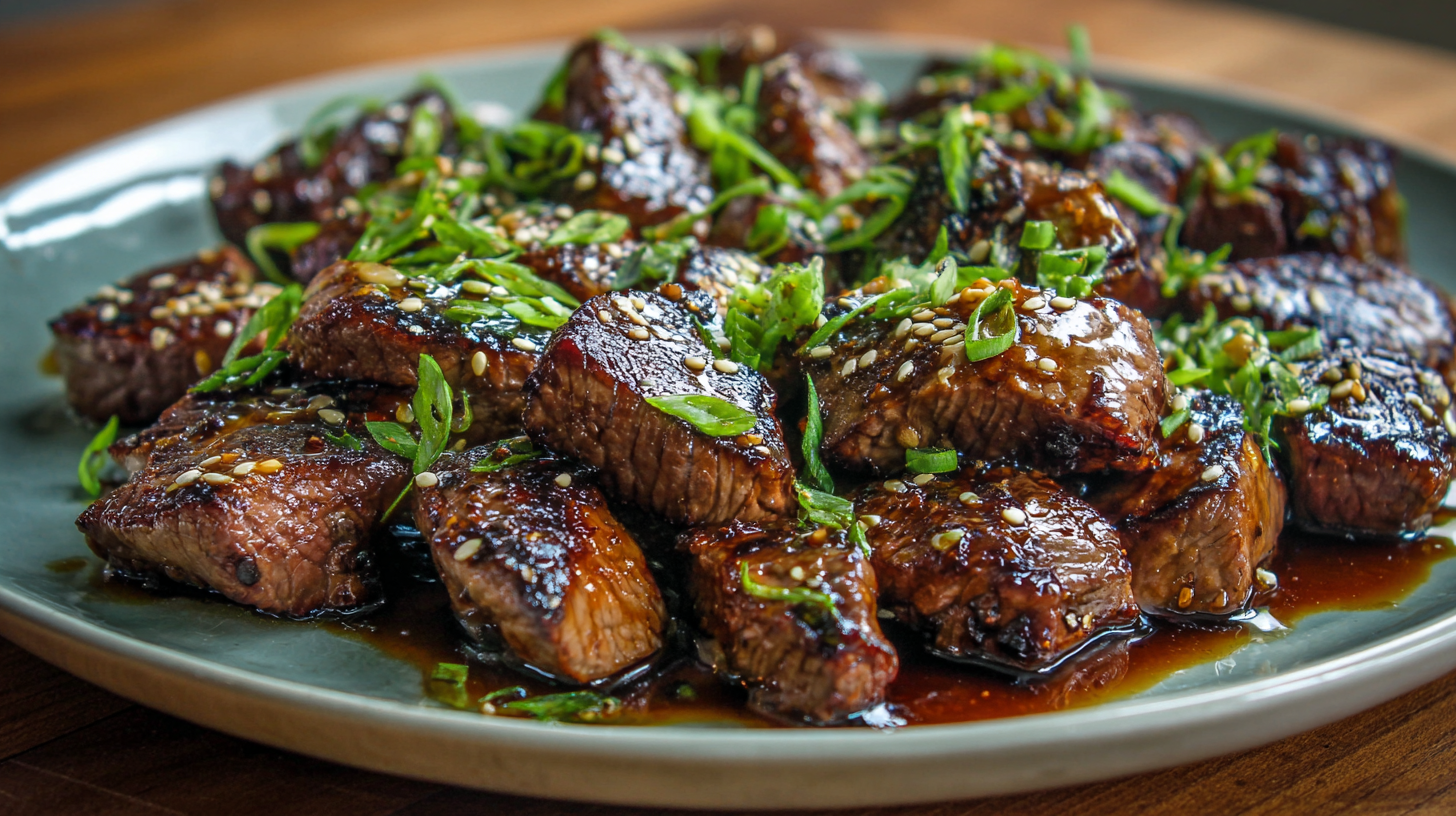 A plate of seared steak bites topped with chopped green onions and sesame seeds, served with a glossy sauce.